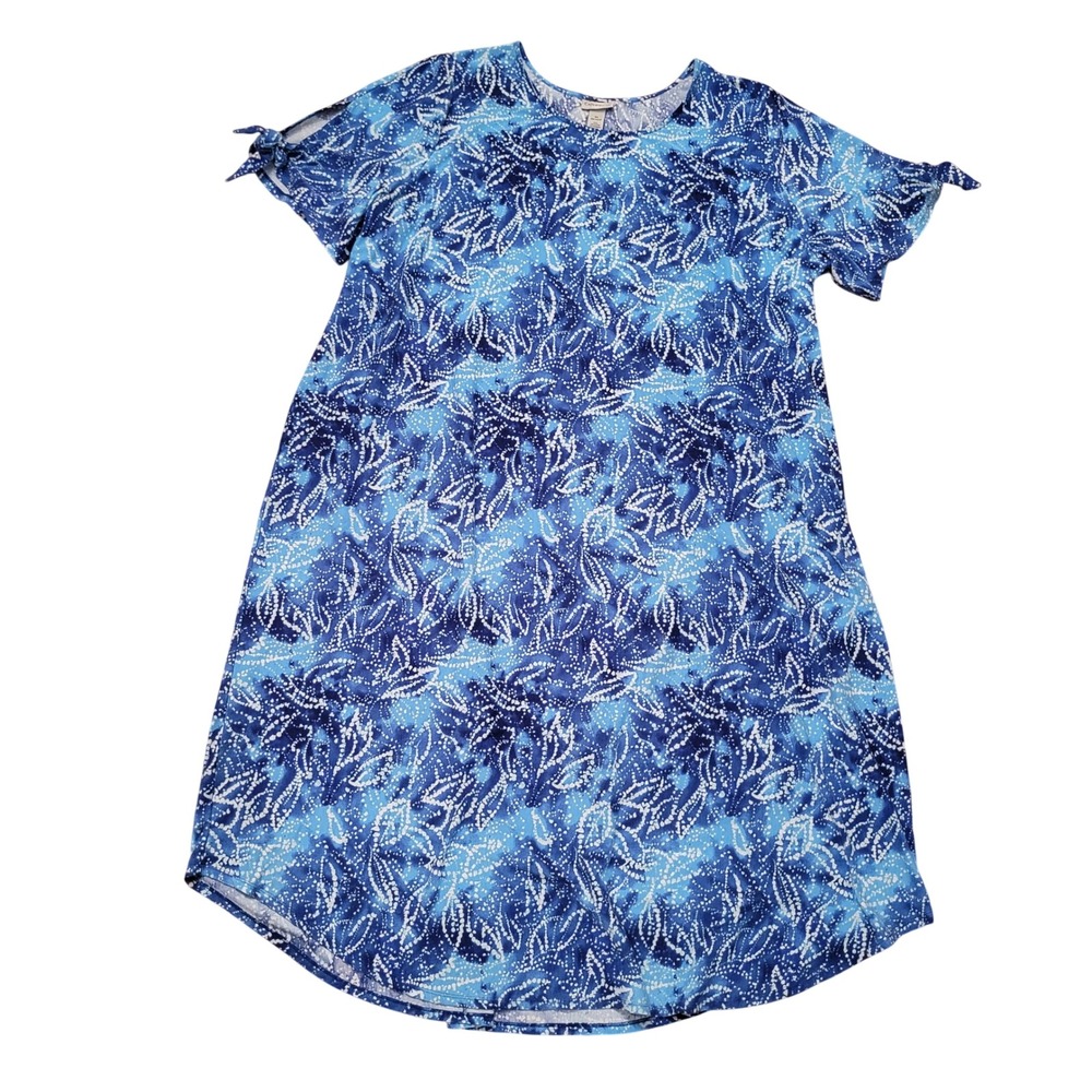 Catherines 4X Midi T Shirt Dress Blue White Floral Tie Sleeve Shift 30/32W Beach